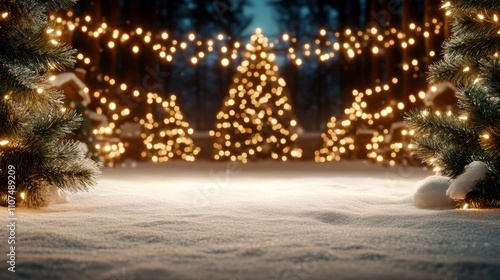 Twinkling lights adorn the snow-laden landscape, enhancing the festive holiday atmosphere with a warm glow, as the scene exudes enchantment and quiet serenity. photo