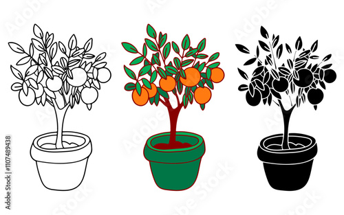 Decorative citrus tree in the pot. Shrub Icons. Tangerine, orange. Traditional decoration for Lunar New Year. Graphic illustration element, web and digital design, greeting cards, calendars, stickers