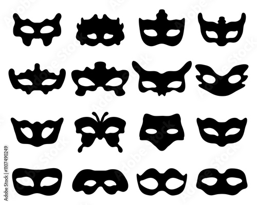 Black silhouette of festive masks on a white background	