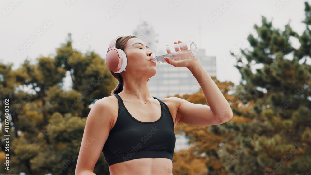 © peopleimages.com - Drinking water, outdoor and woman with fitness, healthy and wellness with workout. Japanese person, runner and athlete in city, headphones and listening to music, sound and thirsty with hydration