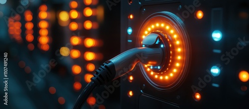 Electric vehicle charging station with illuminated connector.