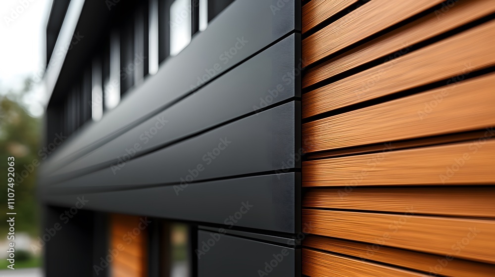 Obraz premium Contemporary house exterior featuring&nbsp;geometric design with wood and metal cladding. Minimalist facade combines black metal panels and warm wood siding with large window elements.