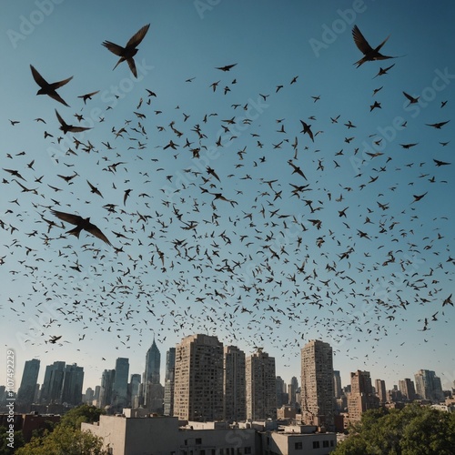 A mural of swallows flying across an urban skyline.

