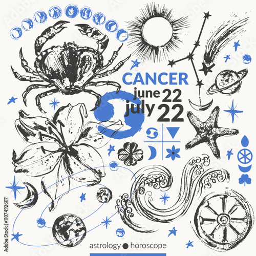 Hand drawn cancer zodiac sign illustration, horoscope background with astrology symbols and talismans.