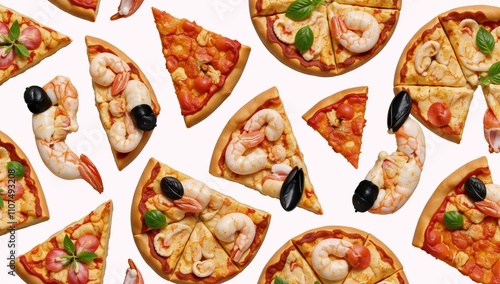 Seamless pizza pattern featuring seafood elements for various designs wallpapers logos icons menus restaurants cafes and more suitable for a pizza-themed setting or event Pizza Food Illustration photo