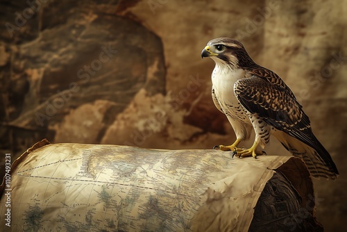 A majestic falcon perches on an aged map, symbolizing exploration and adventure. photo