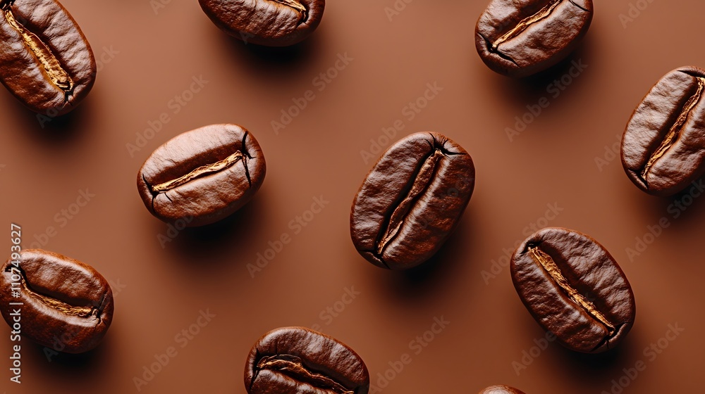 Overhead macro photography of scattered coffee beans creating seamless pattern. Rich brown tones and even distribution capture artisanal coffee aesthetic with detailed texture. Overhead macro photography of scattered coffee beans creating seamless pattern. Rich brown tones and even distribution capture artisanal coffee aesthetic with detailed texture.
