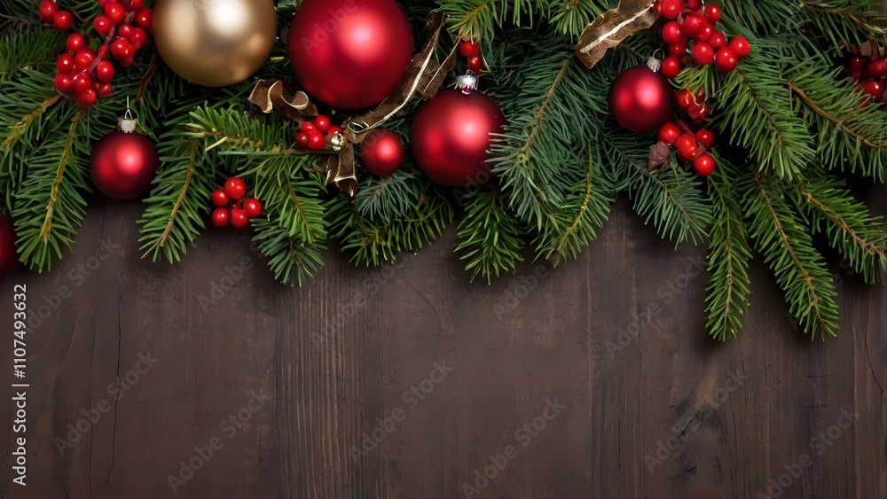 A festive arrangement of Christmas decorations displayed on a rustic wooden background, evoking holiday cheer A festive arrangement of Christmas decorations displayed on a rustic wooden background, evoking holiday cheer