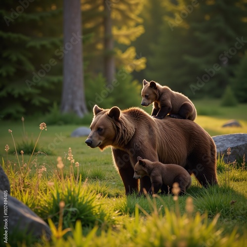 A heartwarming scene of mother and cub brown bears enjoying safety within Finlands Nordic taiga with the cuteness of a young bear family in an emotionally resonant Finnish forest setting photo