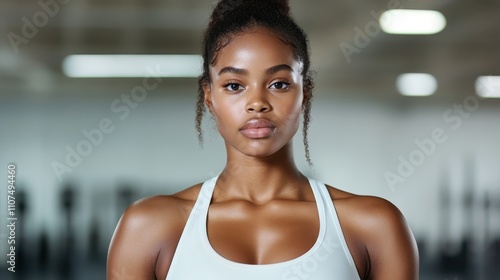 A serene young woman with a calm and collected expression in a soft-lit gym environment, representing inner peace and stability in the pursuit of personal health. photo