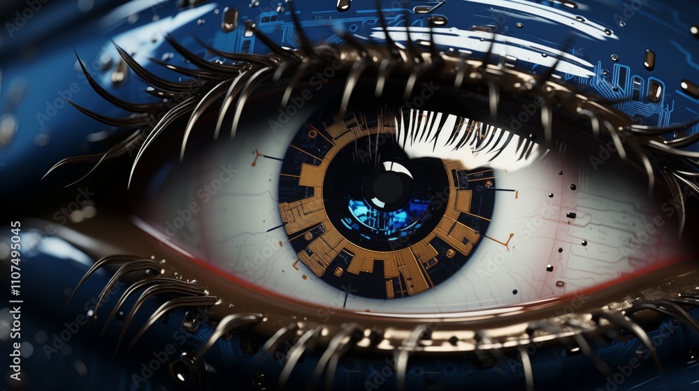 Obraz premium Futuristic robot eye technology, blue digital iris