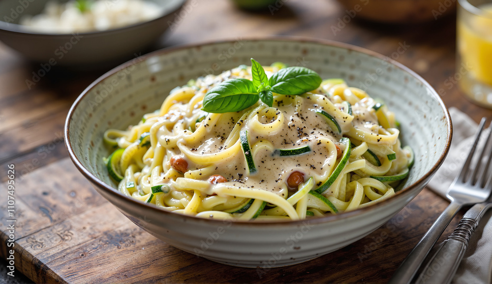 Zucchini pasta with fresh basil and parmesan on rustic wooden table Zucchini pasta with fresh basil and parmesan on rustic wooden table