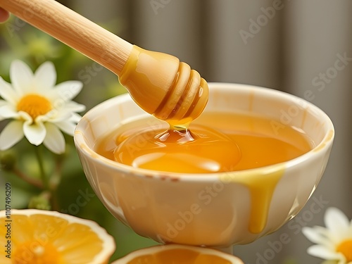 someone is dipping honey into a bowl of orange slices. photo