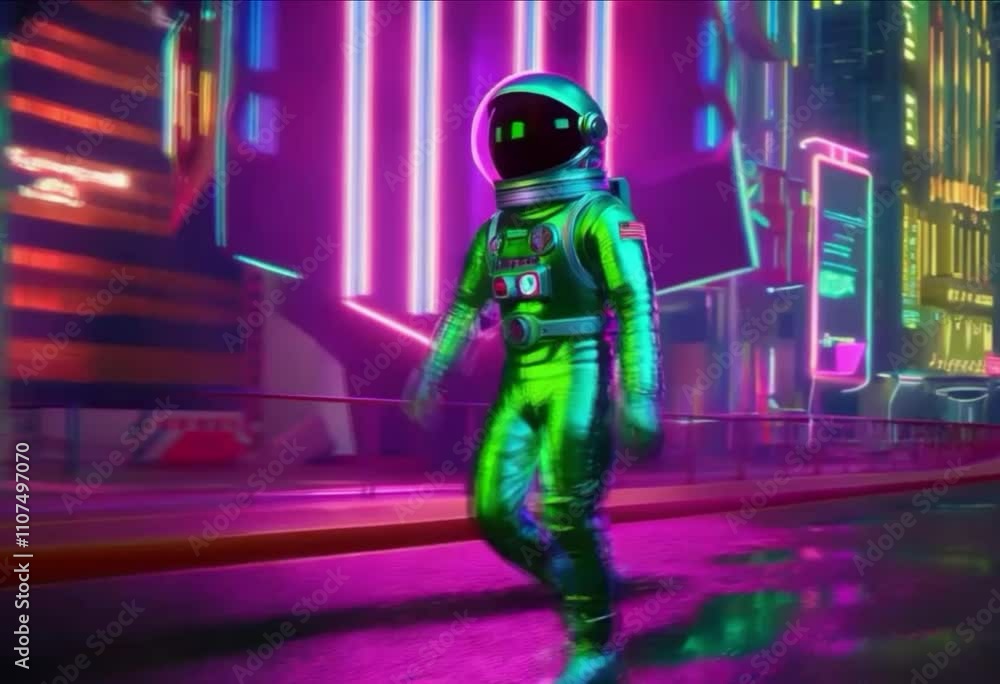 Astronauta caminhando na rua a noite.