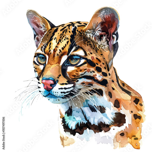 A watercolor drawing of Ocelot, isolated on a white background. Ocelot vector. photo