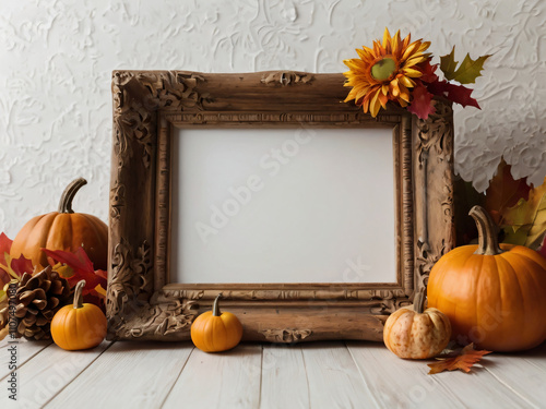 An ornate empty frame surrounded by Thanksgiving-themed decorations like pumpkins and autumn leaves.