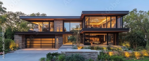 modern luxurious home boasts sleek designs with a twocar garage and a natural stone wall presented against a clear sky showcasing contemporary architecture and style photo