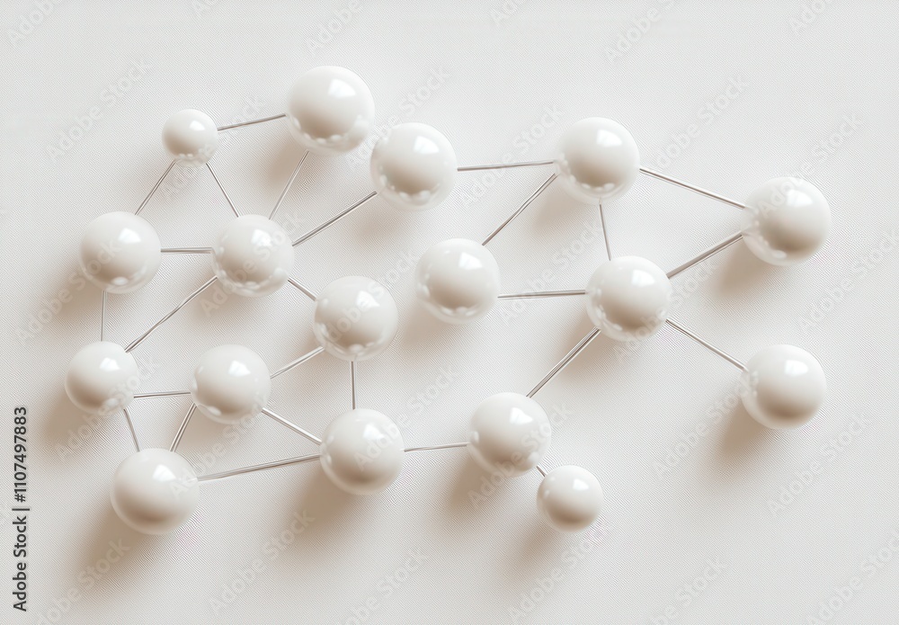 Obraz premium Abstract representation of a molecular structure with white spheres interconnected by thin lines, symbolizing scientific concepts and innovation in chemistry and technology.