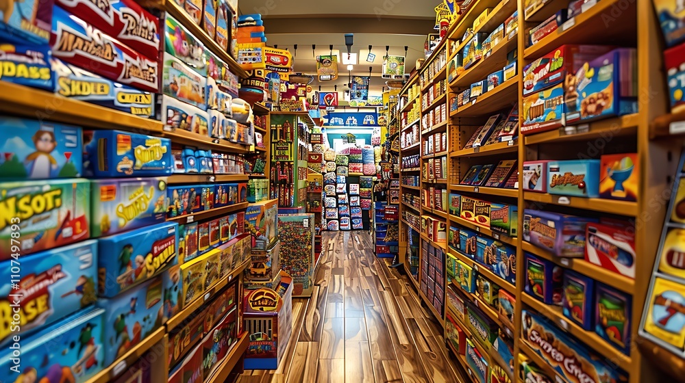 Fototapeta premium A Whimsical Toy Shop Filled with Colorful Toys, Magical Atmosphere, and Charming Playful Details for Children
