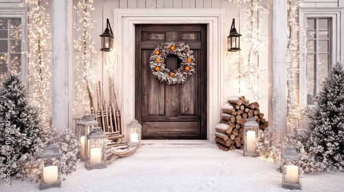 A cozy winter scene featuring a wooden barn door adorned with a festive wreath, surrounded by stacked firewood and snow-covered boots.
