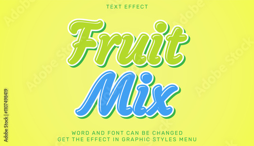 Fruit mix text effect in 3d design. Text emblem for advertising, branding, business logo