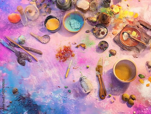 A vibrant birds-eye view of a whimsical fantasy landscape photo