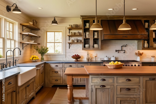 Rustic Farmhouse Kitchen-a kitchen with wood cabinets and a table