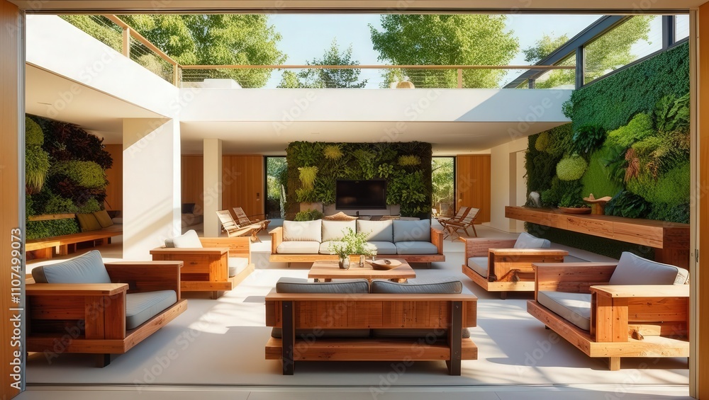 Fototapeta premium A modern, airy living space with wooden furniture and lush greenery, blending indoor and outdoor aesthetics for a serene atmosphere.