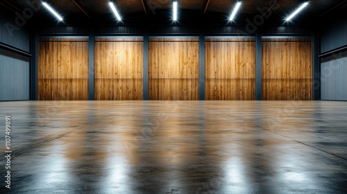 A spacious warehouse boasting glossy flooring and rustic wood-panel walls, creating a blend of modern and traditional aesthetics in an industrial setting. photo