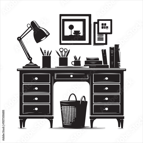 Desk table with drawers vector silhouette Desk table icon on a white background