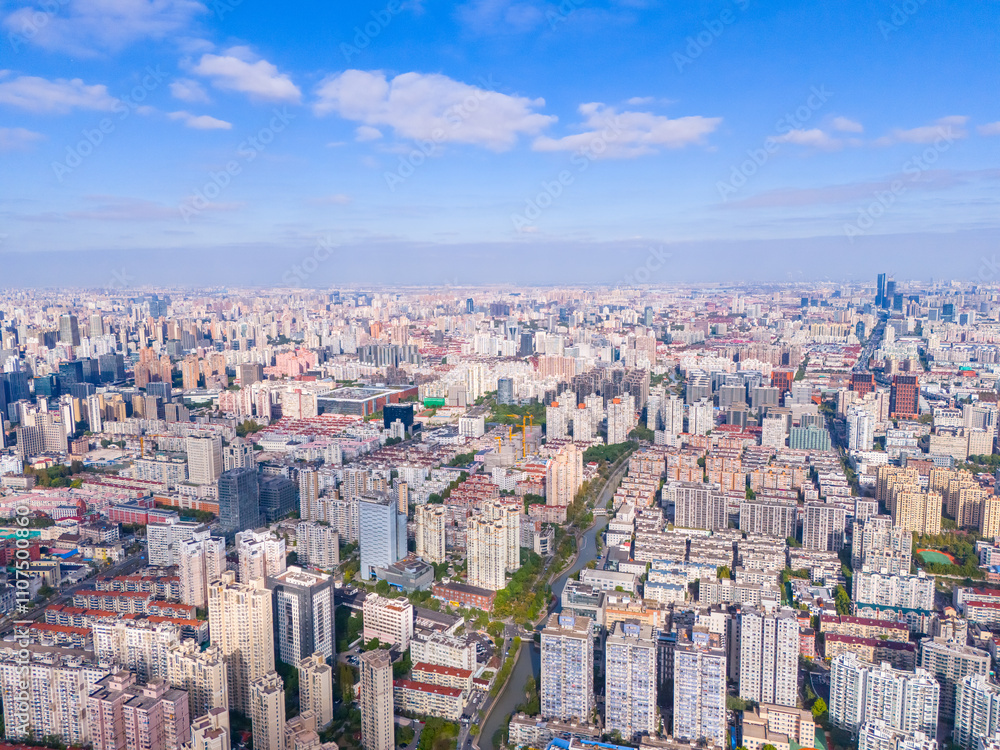 Obraz premium Aerial view of Shanghai skyline with blue sky background