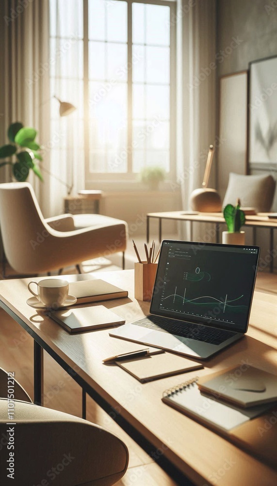 Fototapeta premium Modern minimalist home office with laptop and coffee in warm sunlight