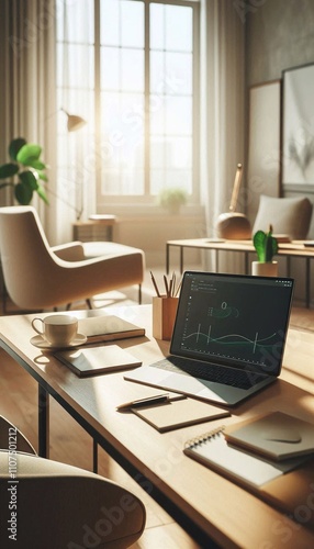 Wallpaper Mural Modern minimalist home office with laptop and coffee in warm sunlight Torontodigital.ca