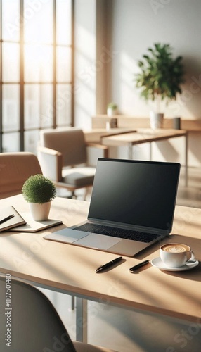 Wallpaper Mural Modern minimalist home office with laptop and coffee in warm sunlight Torontodigital.ca