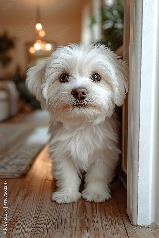 Adorable fluffy white puppy sitting on hardwood floor. Adorable fluffy white puppy sitting on hardwood floor.