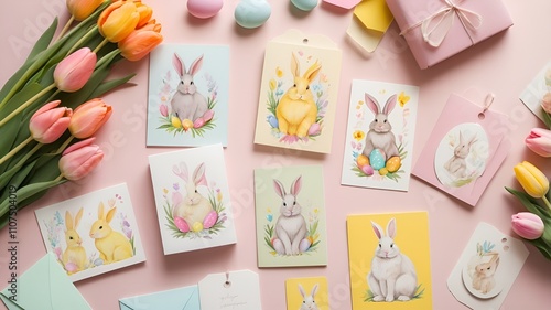 Wallpaper Mural Colorful Easter cards featuring bunny illustrations surrounded by tulips and decorative eggs, easter paraphernalia Torontodigital.ca