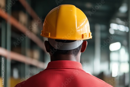 A man in a yellow helmet stands in a warehouse, viewed from behind, capturing themes of safety, industrial work, and the routine of modern logistics environments. photo