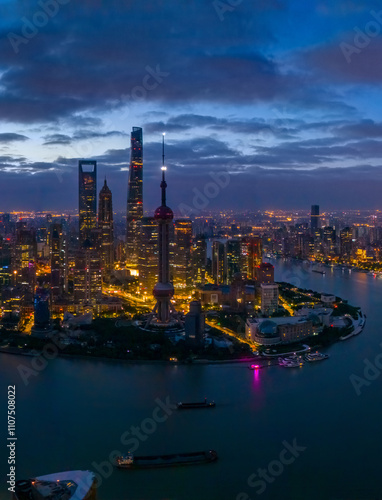 Aerial view of Shanghai skyline at sunrise