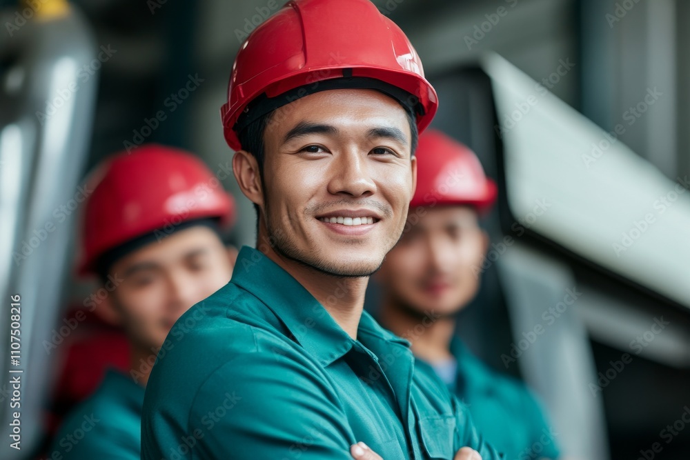 A portrait of three smiling workers in green safety uniforms and helmets, emphasizing teamwork, productivity, and safety in a clean industrial environment. A portrait of three smiling workers in green safety uniforms and helmets, emphasizing teamwork, productivity, and safety in a clean industrial environment.