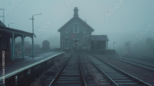 Quiet Railway Station in Mist: An empty railway station with old tracks disappearing into thick mist, shrouded in a mysterious aura.