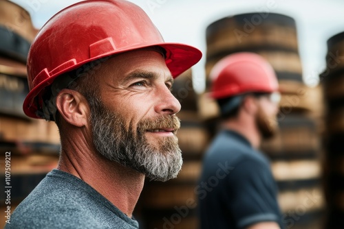 A bearded man wearing a red helmet with an industrial scene of barrels in the background, evoking a sense of craftsmanship and dedication in his work environment. photo