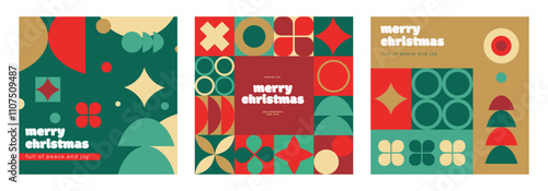 Christmas card in modern minimalist geometric style. Set of holiday cards. Applicable to greeting card, poster, flyer, web banner, etc.
