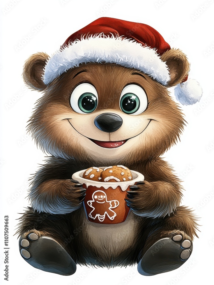 Fototapeta premium Cute Cartoon Bear Wearing Santa Hat Holding Cookie Container for Holiday Season Celebration