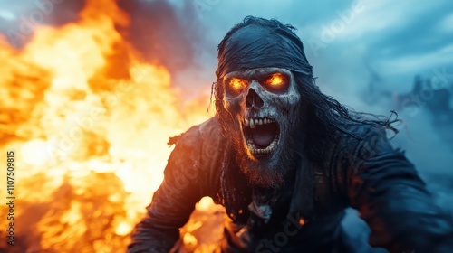 A menacing skeleton pirate emerges from flames, with glowing eyes and tattered attire, capturing a moment of horror and intensity in vivid detail. photo