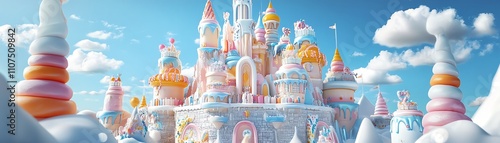 Whimsical candy castle in a dreamy cloudscape.  Perfect for fairytale, fantasy, children's book illustrations, and sweet treats branding. photo