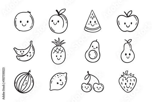 Fruits funny characters with a smile doodle hand drawn icon set. Different variable fruits happy smiling drawing clipart outline element.