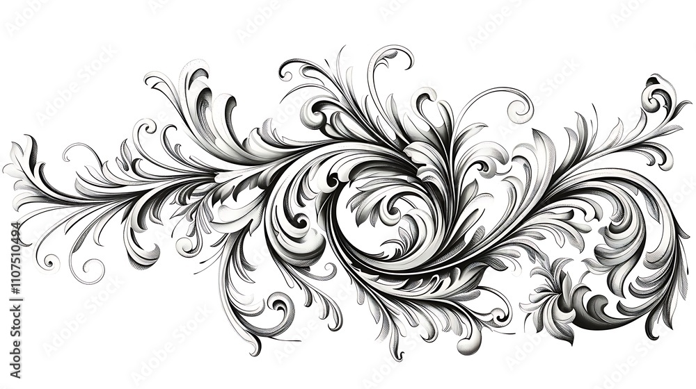 Fototapeta premium Elegant grayscale floral swirl design, intricate, vintage, decorative element.