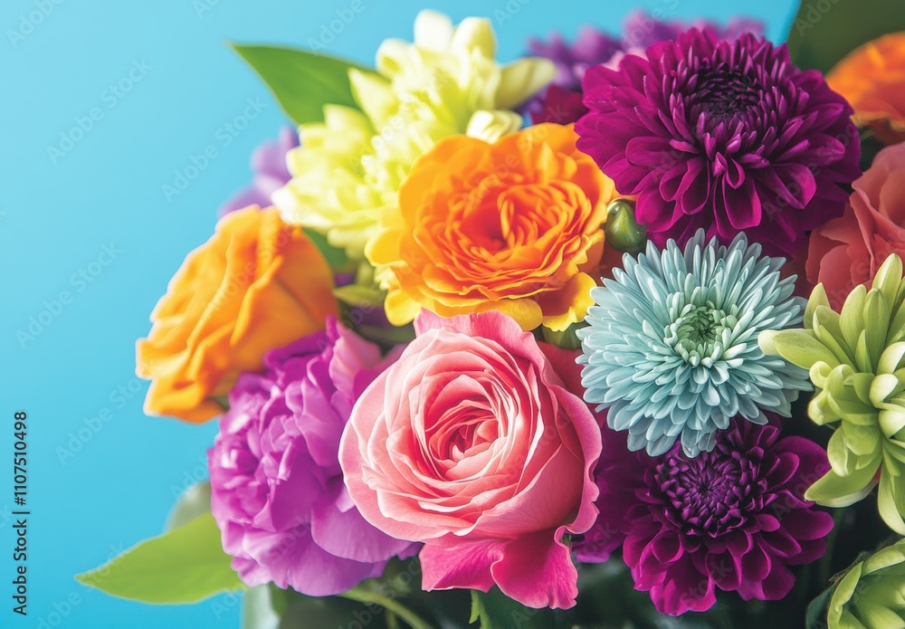 Obraz premium Colorful Arrangement of Fresh Flowers Featuring Roses, Chrysanthemums, and Daisies Against a Bright Background Perfect for Celebrations and Events
