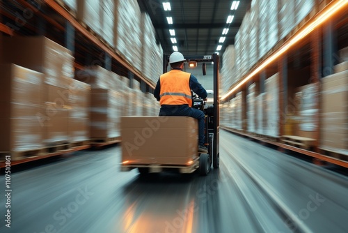 A forklift operator wearing a high visibility vest swiftly moves pallets through a bright, modern warehouse hall, emphasizing speed and efficiency in logistics operations. photo