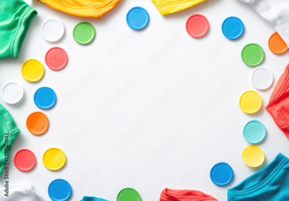 Colorful Fabric Squares and Circular Tokens Arranged in a Circular Pattern on a White Background for Creative Design or Background Use Colorful Fabric Squares and Circular Tokens Arranged in a Circular Pattern on a White Background for Creative Design or Background Use